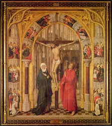 Christus am Kreuz, mit der Jungfrau Maria und dem heiligen Johannes unter einem gotischen Bogen, zentrales Panel des Erlösungstriptychons, ca. 1460